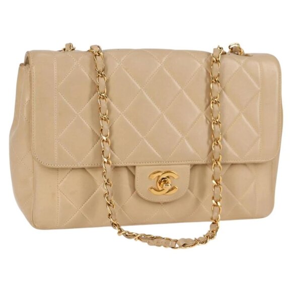 CHANEL Matelasse Chain Shoulder Bag Lamb Skin Beige Gold CC - Picture 1 of 16